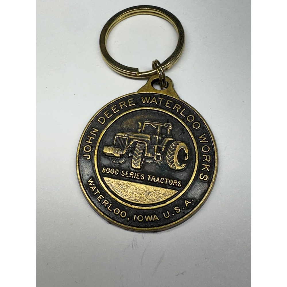 John Deere Waterloo Works 8000 Series Tractors Antique Brass Quote Keychain
